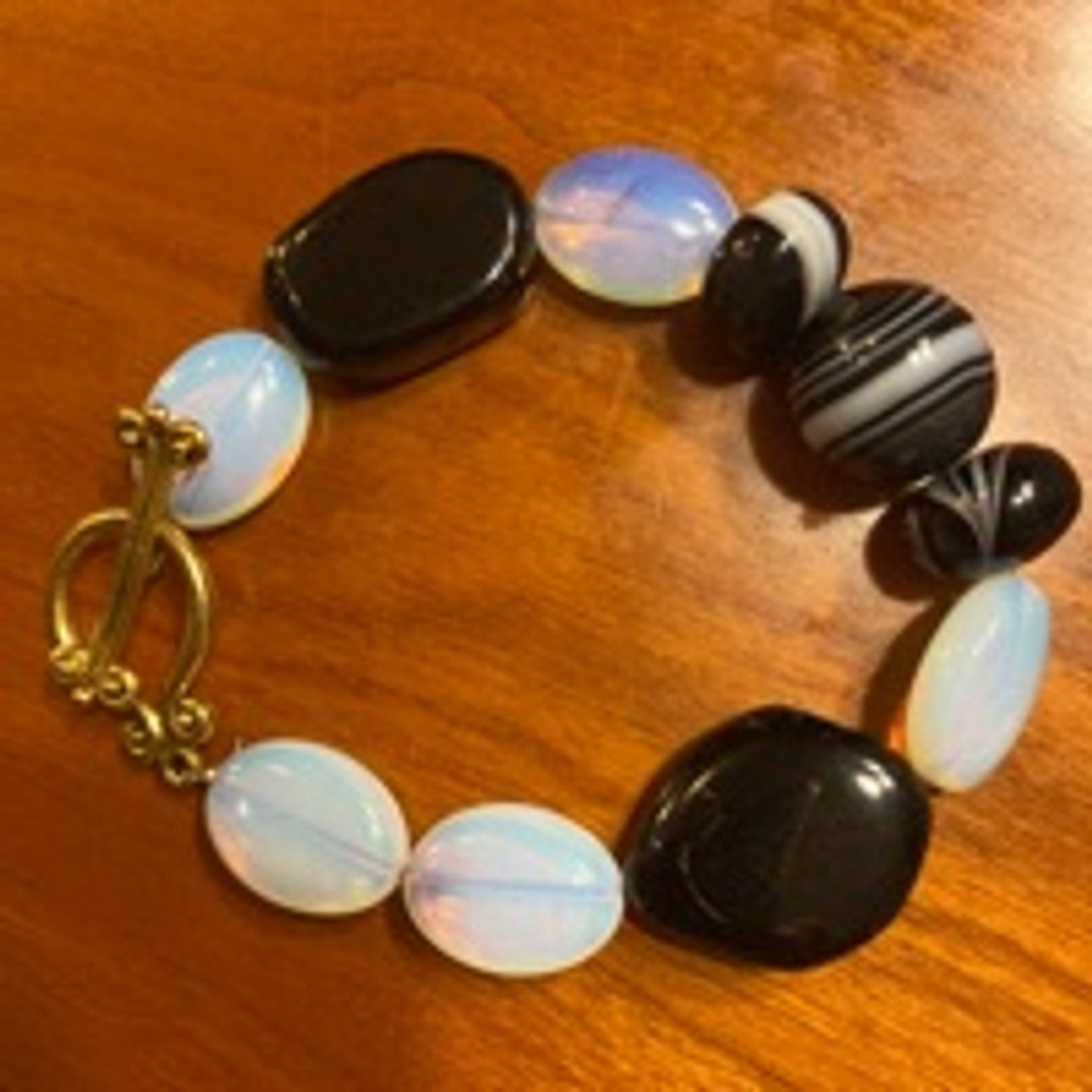 Black & White Beaded Bracelet with opalite and black agate stone’s - One Size
